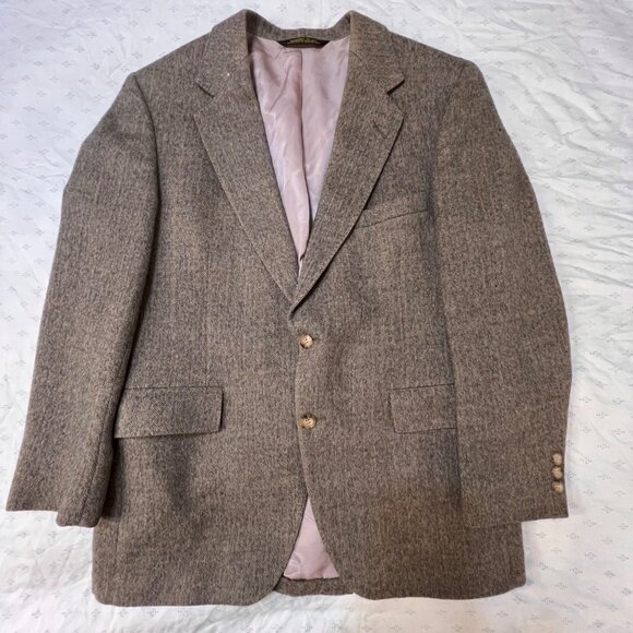 Stonehaven Mens Brown Herringbone Wool Blazer 2-Button USA Made Size 42R flaw - Picture 3 of 16